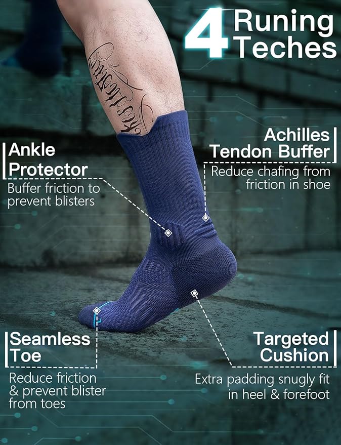 Compression Running Socks, Bamboo Viscose Coolmax Moisture-Wicking Anti-Blister Athletic Hiking Workout Gym Padded