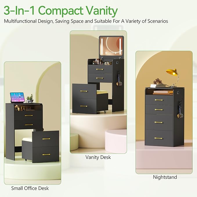 HNEBC 3 in 1 Vanity Desk with Plip Top LED Mirror,Small Dressing Table Set with Visible Glass Desktop,Compact Vanity with 3 Drawers,Storage Compartment and Padded Stool,for Bedroom(Black)