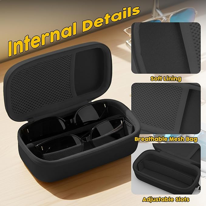 Double Eyeglasses Case,Hard Shell Glasses Case Travel Sunglasses Organizer with Adjustable Slot & Clip for Men Women