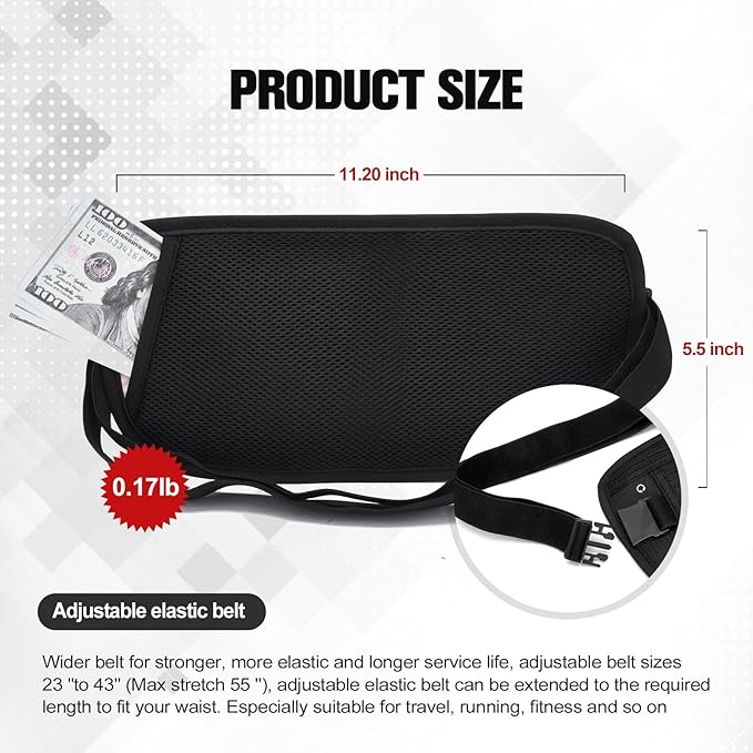 Unisex Money Belt For Men and Women, Slim Passport Holder RFID Blocking Travel Essentials Pouch with Adjustable Strap Small Waist Pouch for Workout Running Travelling Hiking, Black & Light Grey