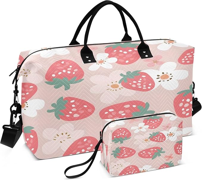 Pink Strawberr White Flower Pattern Travel Duffle Bag Gym Yoga Carry on Bags for Men Women Weekender Bag