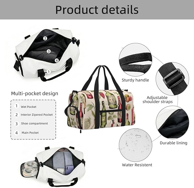 Sports Gym Bag Fruits Wine Bottle Pattern Travel Duffel Bag With Shoe Compartment Shoulder Strap, Lightweight Water-Resistant Weekend Overnight Totes For Women Men