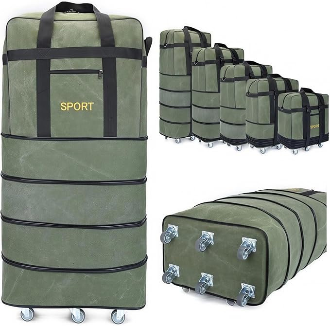 Expandable Extra Large Travel Oxford Duffel Bag with Wheels Waterproof Lightweight Traveling Foldable Suitcase (Green Canvas, XL - 6 wheels)