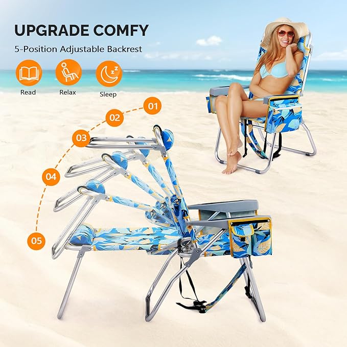 VINGLI Tall Beach Chair 2 Pack Lightweight, Backpack Beach Chair for Adults with 5-Position, Cooler Bag, Cup Holders, Towel Bar, Lightweight Folding Beach Camping Chairs