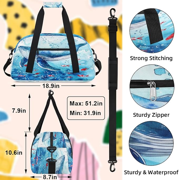 Travel Duffle Bag, Blue Whale Watercolor Waterproof Weekender Overnight Bags for Women Men Lightweight Carry on Duffle Gym Bag for Travel, Sports, Fitness, Workout