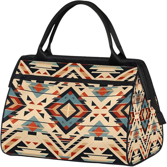 Gym Bag for Women Men, Retro Aztec Geometric Pattern Sports Duffel Bags, Waterproof Travel Weekender Overnight Carry On Tote Bags for Travel Sports