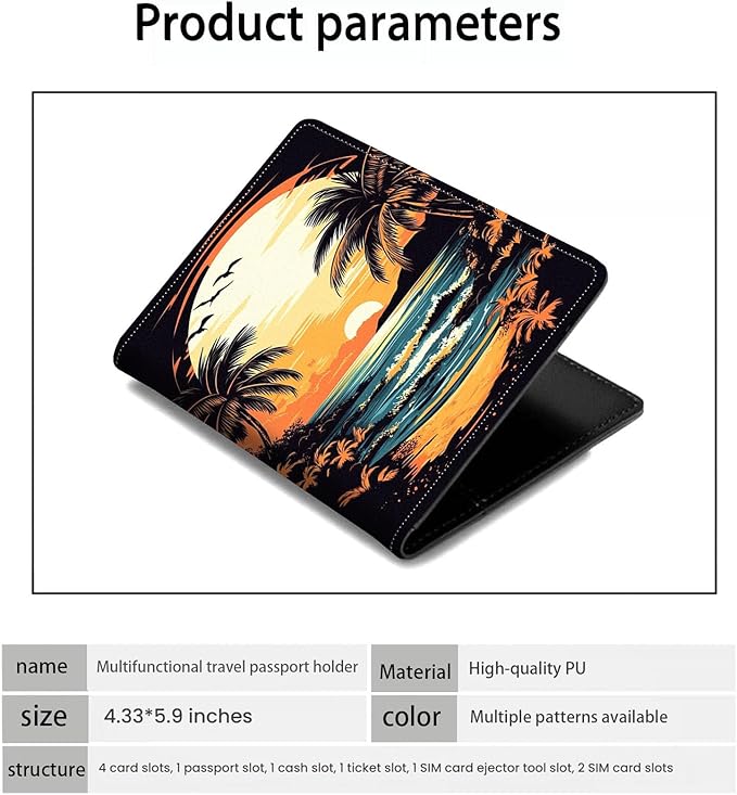 Passport Holder Wallet Cover Case,RFID Blocking Passport Cover,Large Capacity Travel Wallet with Multi Card Slots (Sunset Palm Beach)