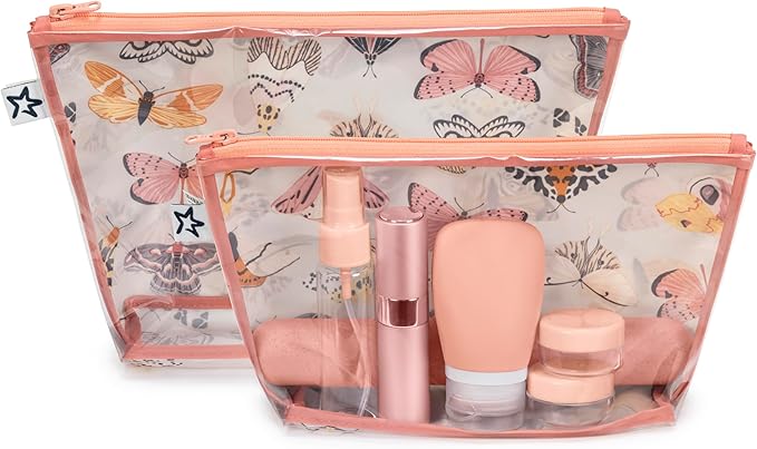 Tiny Twinkle Diaper Bag Organizing Pouches | 2 Pack Mess-Proof Travel Organizer Bags with Structured Bottom & Clear Front | TSA Approved Toiletry Bag Set for Baby and Mom Essentials (Flutter)
