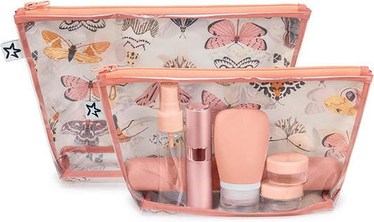 Tiny Twinkle Diaper Bag Organizing Pouches | 2 Pack Mess-Proof Travel Organizer Bags with Structured Bottom & Clear Front | TSA Approved Toiletry Bag Set for Baby and Mom Essentials (Flutter)