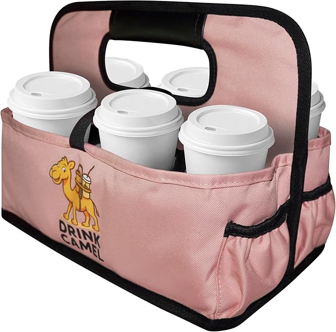 Reusable Drink Carrier with Handle, Foldable 6 Cup Drink Holder Carrier for Delivery, Coffee Cup Carrier, Portable Cup Holder Bag for Drinks, to Go Beverage Drink Organizer (Peach)