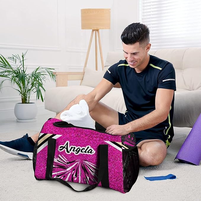 Personalized Cheer Fuchsia Pink Glitter Print Duffle Bags (Can Store Shoes) with Name for Women Man Custom Detachable Shoulder Strap Packs