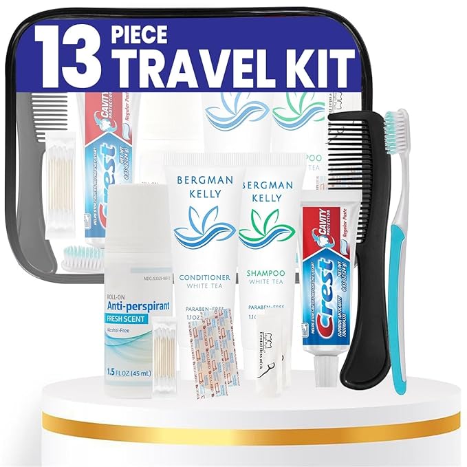 Trektote Travel Toiletry Kit For Men And Women – 13 Piece Set of Travel Size Toiletries, TSA Compliant, Travel Essentials, Includes Shampoo And Conditioner, Body Wash, Oral Care, Toiletry Bag & More