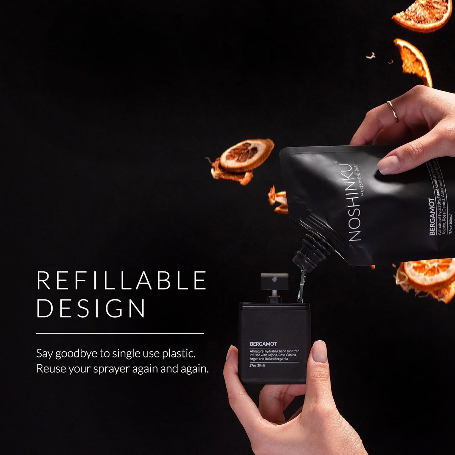 Noshinku - Refillable Hand Sanitizer Bergamot 3-Pack, Travel Size Spray with Hydrating Botanical Oils, Natural Ingredients, All Natural Fragrances, Sugarcane Derived Alcohol, No Parabens, No Dyes