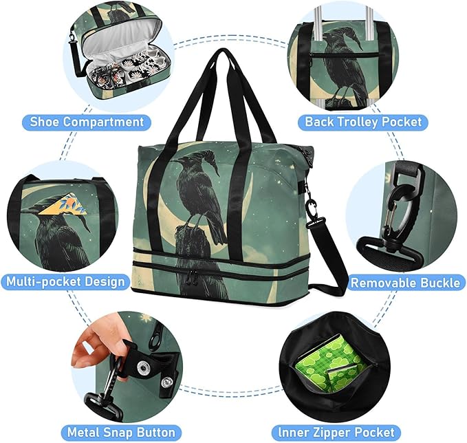 AIXIWAWA Duffel Bag Set for Gym Travel with Shoes Compartment Toiletry Bag Crow Moon Print