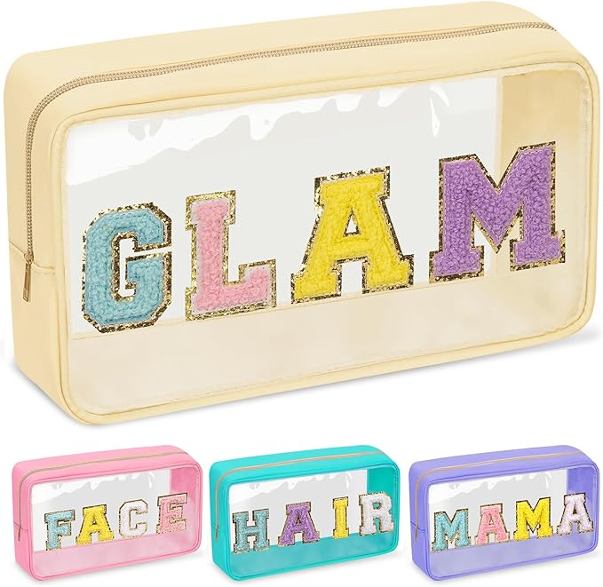 Chenille Letter Clear Makeup Bags Glam Pouch, Preppy Patch Makeup Bag with Zipper, Transparent PVC & Nylon Waterproof Portable Glitter Cosmetic Bag Travel Toiletry Storage for Women Girls(GLAM-Beige)