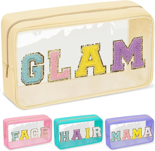 Chenille Letter Clear Makeup Bags Glam Pouch, Preppy Patch Makeup Bag with Zipper, Transparent PVC & Nylon Waterproof Portable Glitter Cosmetic Bag Travel Toiletry Storage for Women Girls(GLAM-Beige)