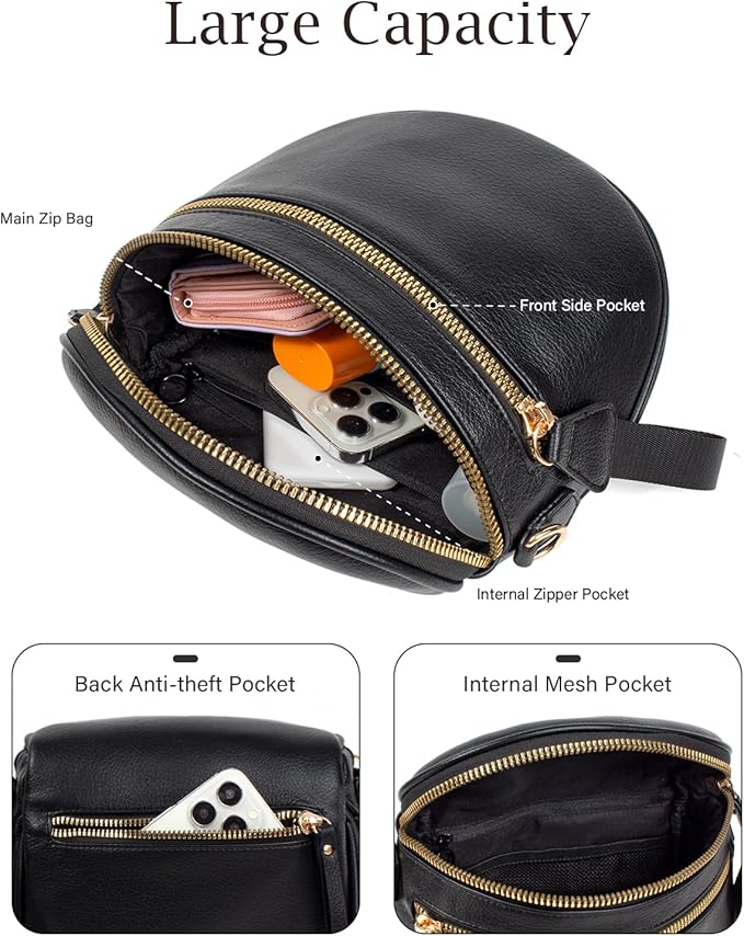 Valentoria Fashionable Womens Leather Waist Bag Crossbody Bag Detachable Wallet Adjustable Shoulder Strap (Black)