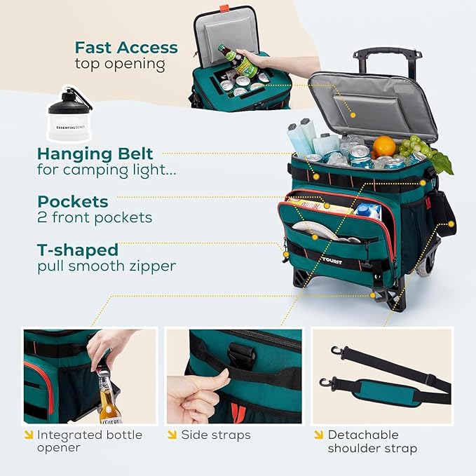 TOURIT 48 Can Collapsible Cooler with Wheels, Insulated Rolling Cooler with All-Terrain Cart, Waterproof Soft Sided Cooler Bag for Beach, Picnic, Camping, Shopping, Travel