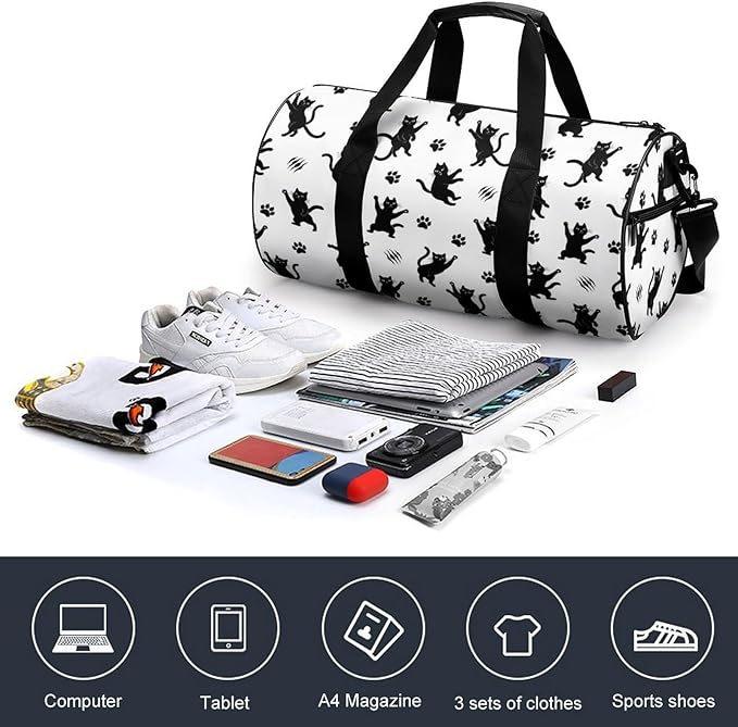 Weekender Carry on Beach Yoga Bag Sport Gym Fitness Tote Overnight Weekender Travel Bags for Men Women (Black Cat Paw Print)