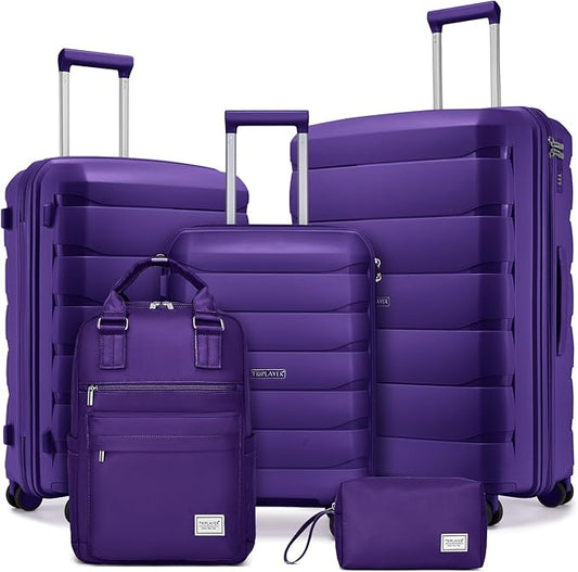 Luggage Sets 5 Pieces, PP Hardshell Suitcase Set with Spinner Wheels, Suitcases for Women (Purple)