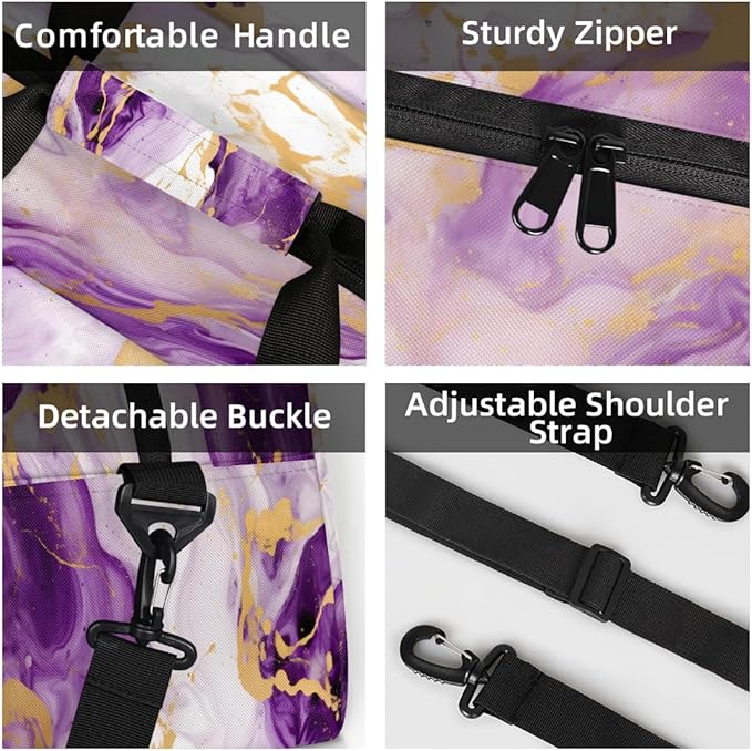 Gym Bag for Women Men, Purple And Gold Marble Travel Duffle Bags for Dance Ballet Overnight, Carry-On Weekender Bag with Detachable Shoulder Strap