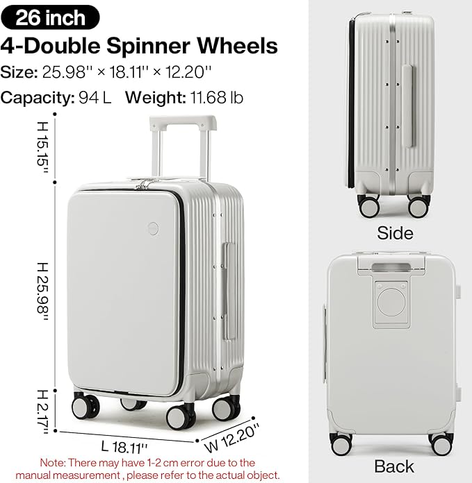 mixi Large Checked Luggage with Cup Phone Holder and Charger Hard Shell Suitcases with Spinner Wheels, 26 Inch Smoke White