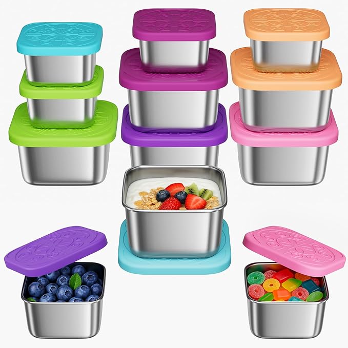 12Pack 6oz Stainless Steel Snack Containers and 2oz Salad Dressing To Go Containers with Silicone Lids, Reusable Square Meal Prep Condiment Sauce Containers Lunch Box Accessories