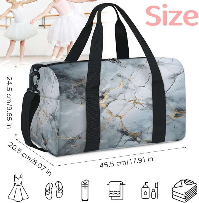 Marble Gym Bag for Women 17 inch Waterproof Carry On Overnight Weekender Bag Sports Duffel Tote Bags for Travel Workout