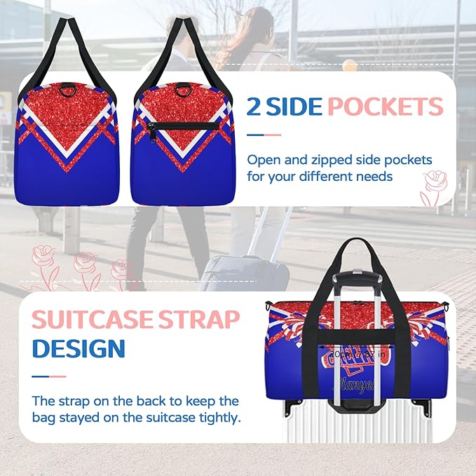 Custom Named Cheer Dance Ballet Bag, Cheerleading Gym Sports Travel Duffle Bag Men Tote Carry On Weekend Sports Travel, Red Glitters Royal Blue