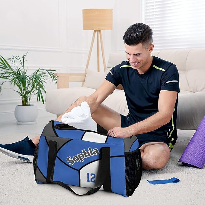 Custom Volleyball Blue Duffel Bag with Name Personalized Travel Bags Sport Gym Bag Carry On Weekender Bags for Men Women