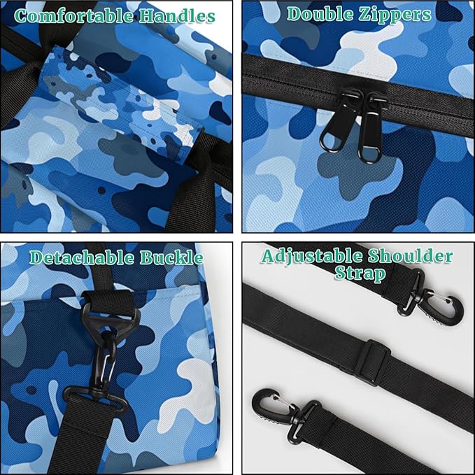 Custom Name Blue White Camouflage Boys Gym Travel Duffle Bag with Front Zipper Pocket Personalized Sports Bag for Overnight, Weekender, Carry On, 18.9 * 8.7 * 10.6 in