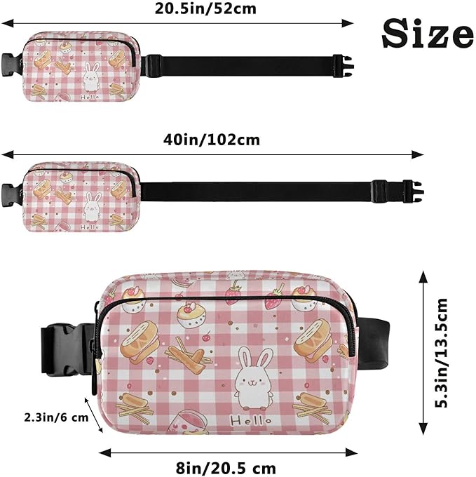Kawaii Pink Checkered Bunny French Fries Fanny Pack for Women Men Water Resistant Fashion Waist Packs with Adjustable Strap Belt Bag for Travel Workout Jogging Hiking 21219120
