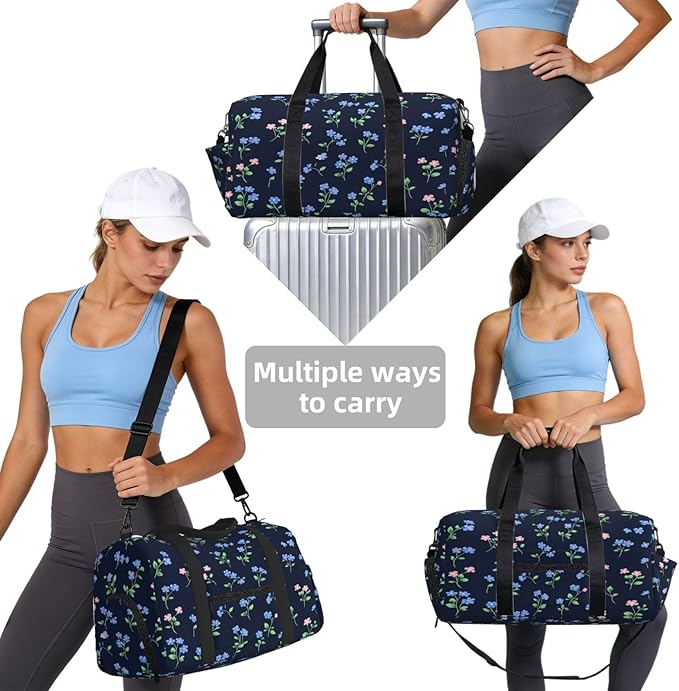 Sports Gym Bag Blue Pink Wild Flowers Travel Duffel Bag With Shoe Compartment Shoulder Strap, Lightweight Water-Resistant Weekend Overnight Totes For Women Men