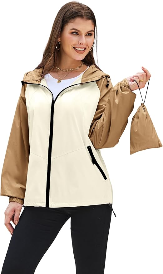 PITINAN Lightweight Rain Jacket Women Packable Wind Breaker Light Rain Jacket Women Waterproof Travel Raincoat S-XXL