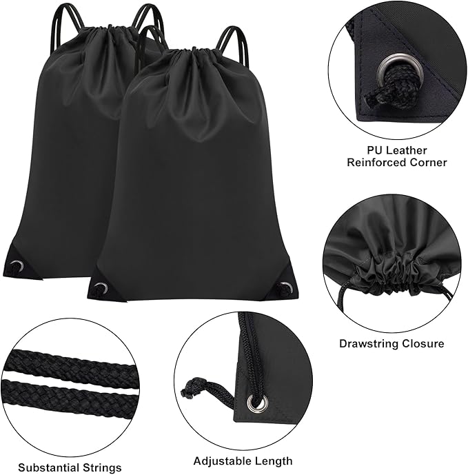 2PCS Drawstring Bags Bulk, String Backpack for Men Women, Cinch Bag Draw String Back Bag for Gym, Sports, Travel, Swimming, Beach, XL. Black