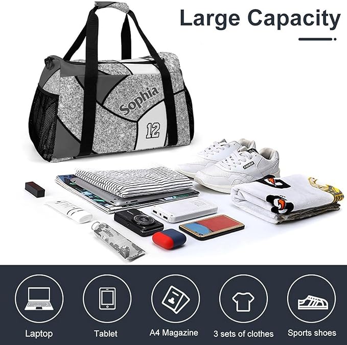 Custom Silver Volleyball Duffel Bag with Name Personalized Travel Bags Sport Gym Bag Carry On Weekender Bags for Men Women