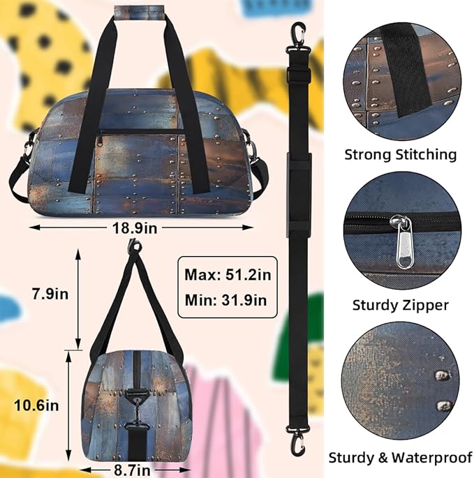 Kids Duffle Bag Girls Boys Rustic Metal Iron Plate Effect Weekender Overnight Bag,Lightweight Duffel Bags for Traveling Gym Sport Dance
