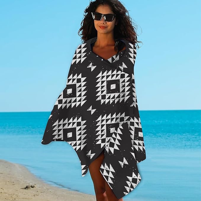 Geometric Microfiber Beach Towels,Tribal Black and White Geometric Oversized Absorbent Bath Towels,Soft Quick Dry Thin Camping Towel for Adults Women Men,29.5"×59"