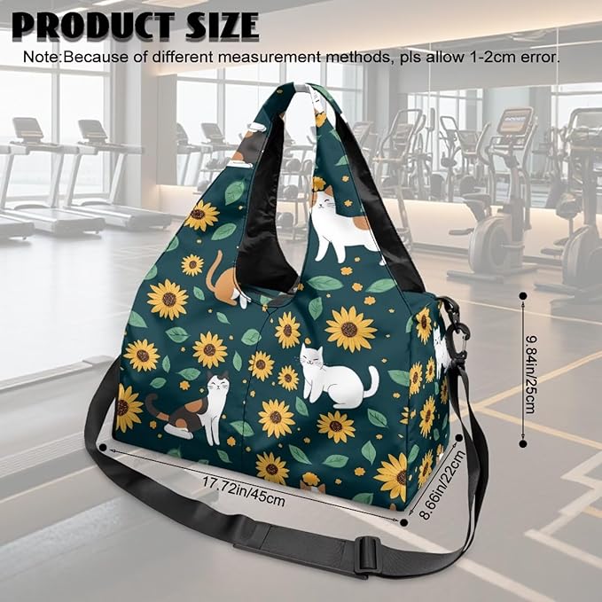 Cute Cat Workout Bag for Women with Yoga Mat Holder and Shoe Compartment Sunflower Gym Bag Water Resistant Gym Duffel for Swimming, Stylish Fitness Green Duffel Bag