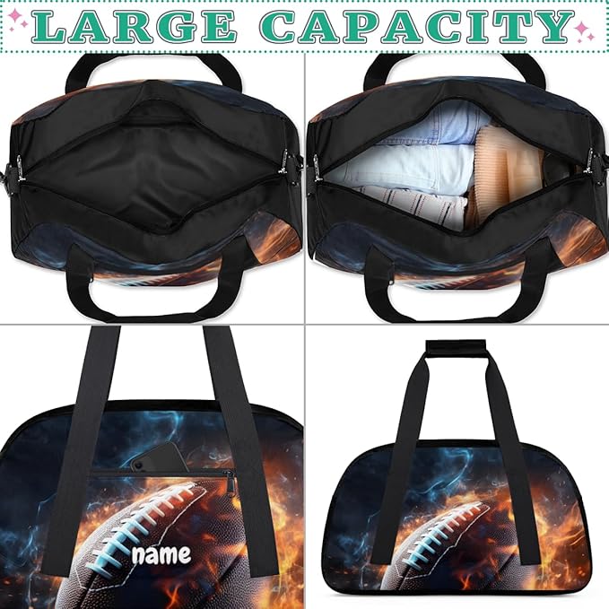 Personalized Boys Gym Bags, Custom Name Sport Bags for Training Travel Overnight Weekender Flame American Football