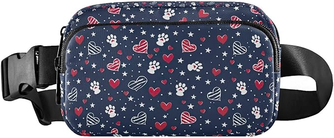American Patriotic Star Heart Dog Paw Fanny Pack for Women Men Water Resistant Fashion Waist Packs with Adjustable Strap Belt Bag for Travel Workout Jogging Hiking 21219446
