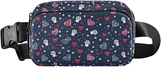 American Patriotic Star Heart Dog Paw Fanny Pack for Women Men Water Resistant Fashion Waist Packs with Adjustable Strap Belt Bag for Travel Workout Jogging Hiking 21219446