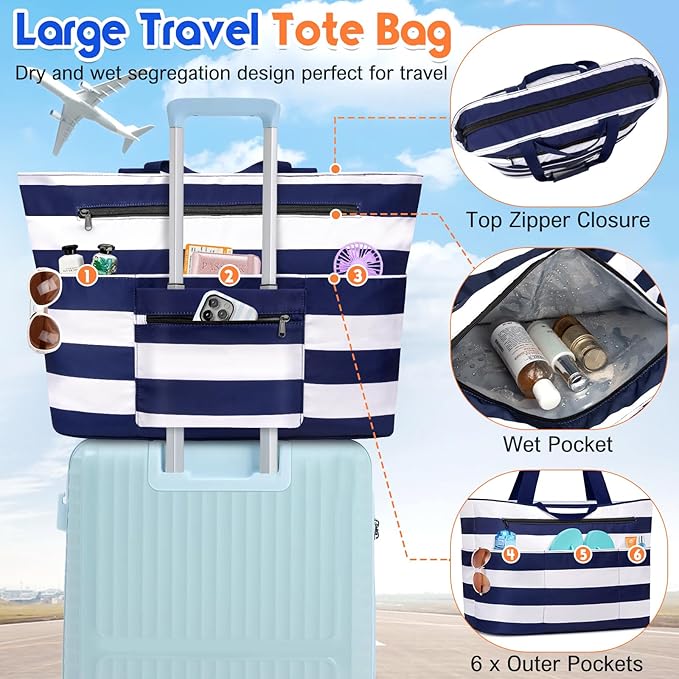 BKNOOU Extra Large Beach Bags Waterproof Sandproof XL Beach Tote Bag for Women Zipper Foldable Swim Pool Bag with Wet Pocket