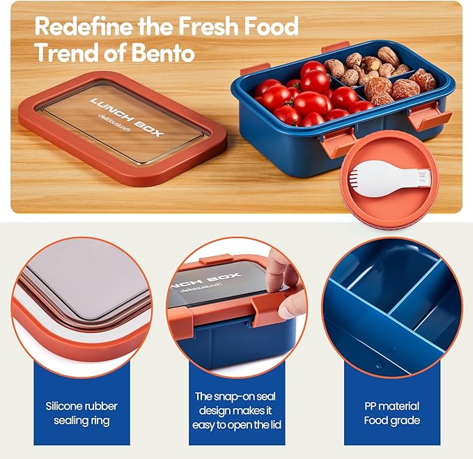 34OZ Bento lunch box, 3-Compartment Leak-Proof Adult Bento Box, Compact Microwave Safe To Go Food Containers with Sauce Soup Jar for Sandwich，Salad, Workplace and Travel
