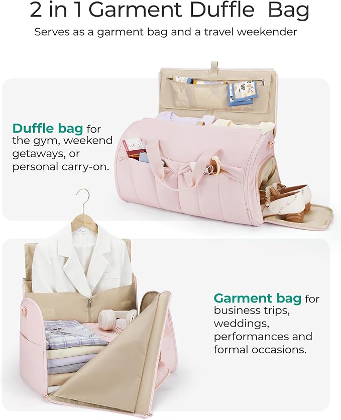 BAGSMART Garment Duffel Bag, Convertible 2-in-1 Puffy Water-Resistant Carry-On with Shoe Compartment, Dark Pink
