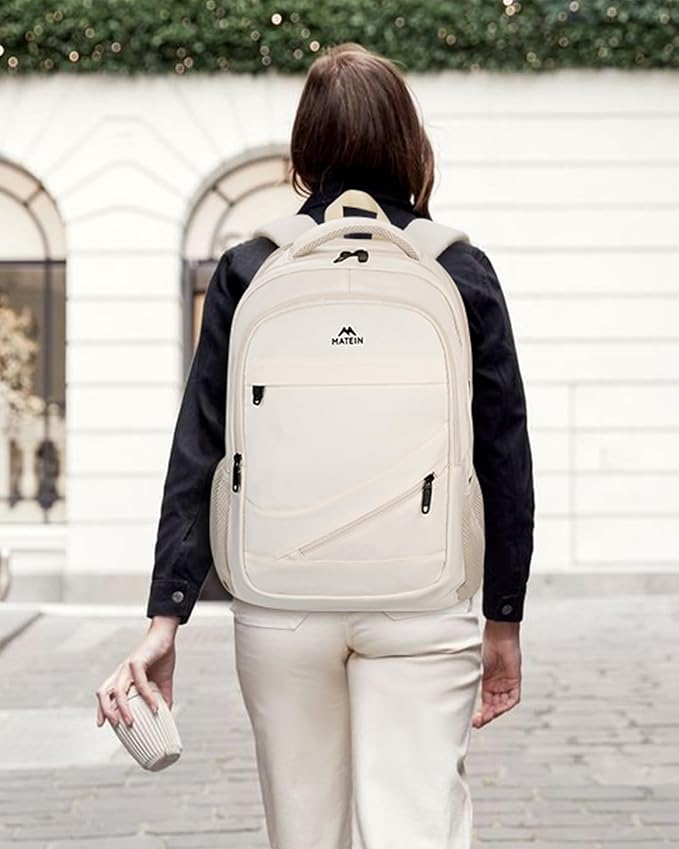 MATEIN Laptop Backpack Women Large Capacity, TSA Travel Backpack with Luggage Strap & Anti Theft Pocket, Water Resistant Teacher College Bookbag Fits 17 Inch Computer, Stylish Beige Work Daypack