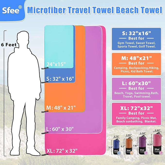 Sfee 2 Pack Microfiber Travel Towel, Quick Dry Towel Camping Towel Large Beach Towel Super Absorbent Compact Lightweight Sports Towel Gym Towel Set for Beach, Gym, Hiking, Pool, Backpacking,Bath,Yoga