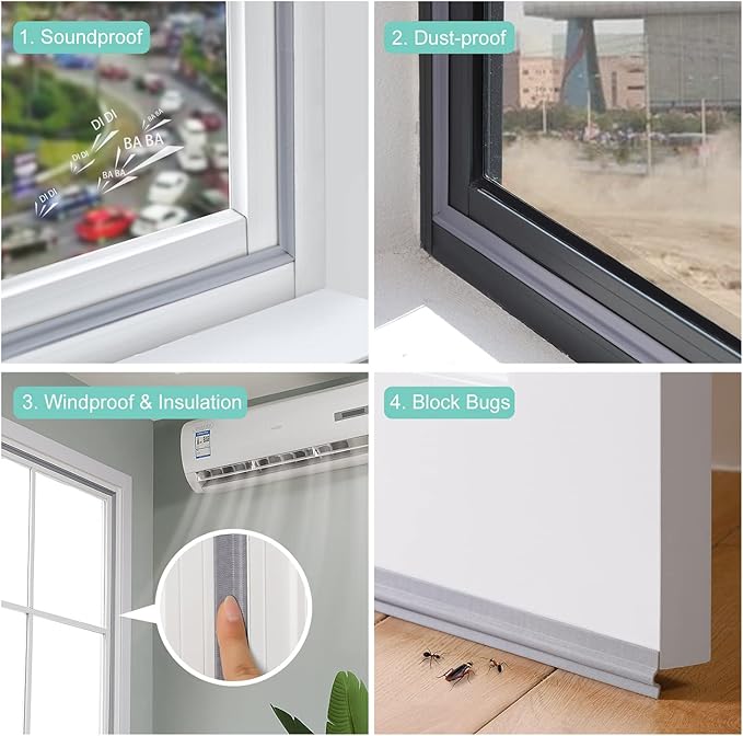 2 Pcs Draft Stopper Sweep, MOPMS Door Weatherproofing Stripping, Window Seal Strip Self-Adhesive Soundproof Seal Strip Cuttable Window Weather Stripping, Length 13.12Ft (2 Pcs x 6.56Ft)