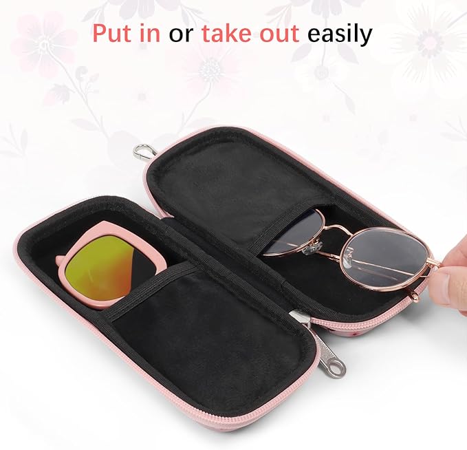 Double Eyeglasses Case Hard Shell Dual Sunglasses Organizer with Zipper Closure Travel Eyewear Storage for Vehicle