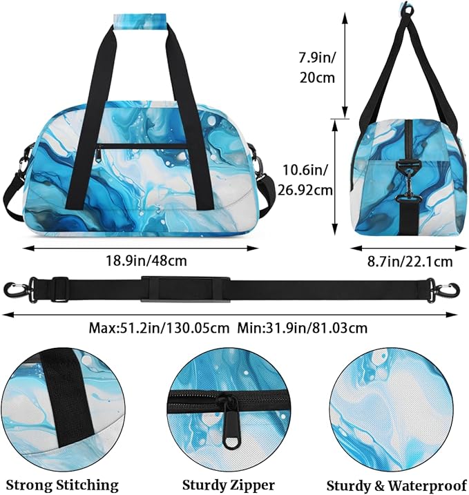 Blue White Fluid Gym Travel Duffle Bag for Women & Men with Front Zipper Pocket for Sports, Overnight, Weekender, Carry On,Workout & Dance Bag,Marble Fluid,18.9 * 8.7 * 10.6 in